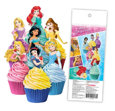 Disney princess cupcake toppers package, alongside cupcake examples