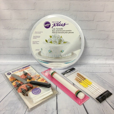 Beginners Basics cake decorating tools turntable, spatula, brushes and kit