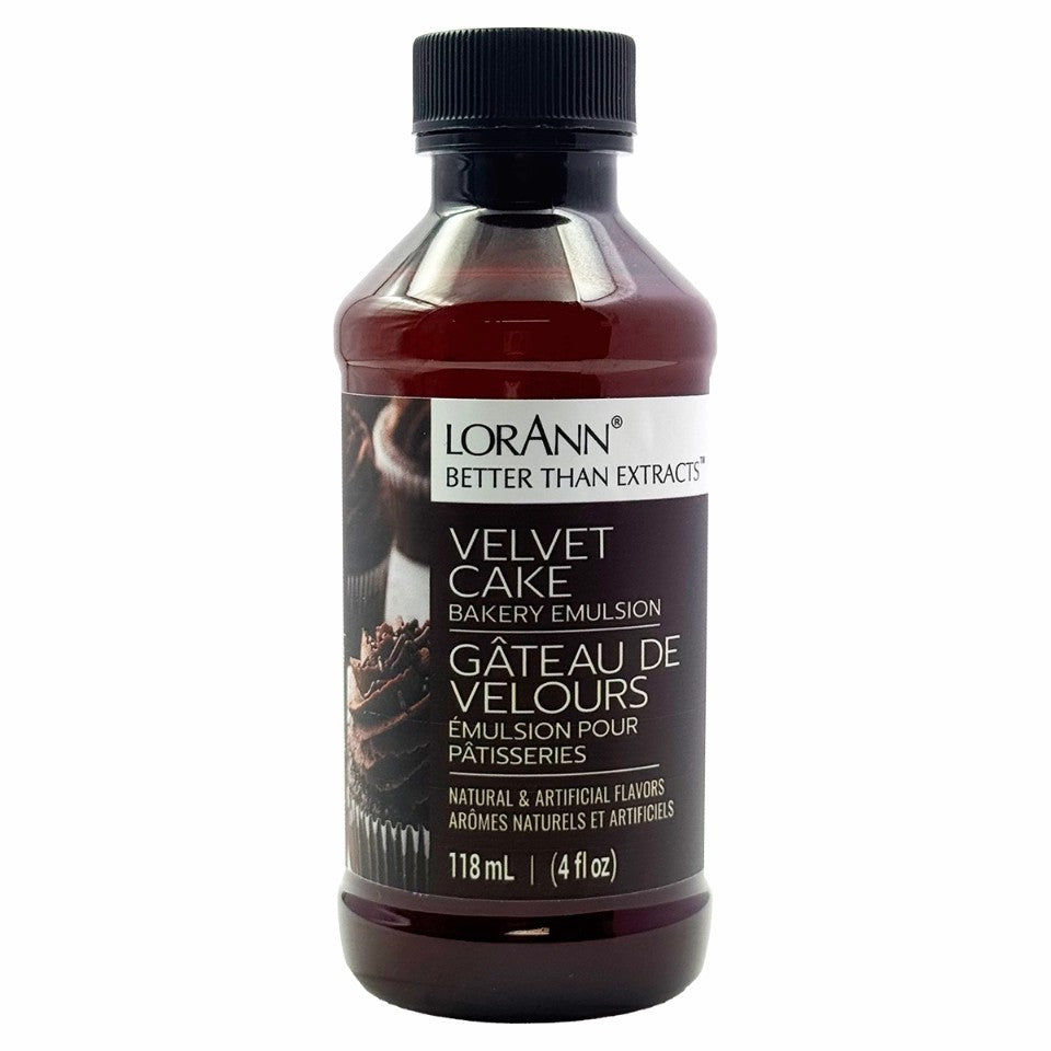 Bottle of LorAnn Velvet Cake Bakery Emulsion on a white background