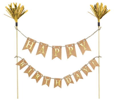 Happy Birthday Bunting cake pick topper Gold
