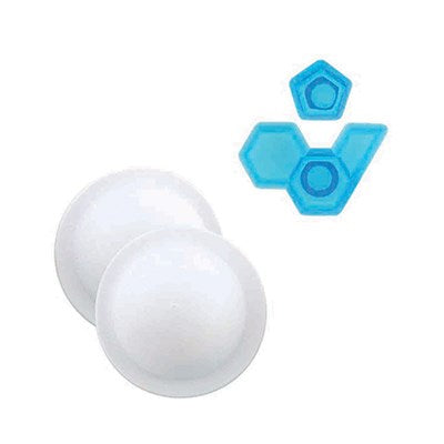 Soccer ball set with two white circular formers, two blue hexagonal cutters for making icing soccer balls