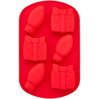 Christmas Shapes Silicone Treat Mould 6 Cavity Light bulbs and gifts presents