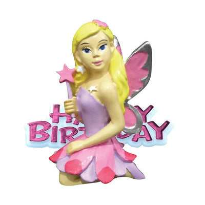 Fairy figurine cake topper with Happy birthday motto plaque