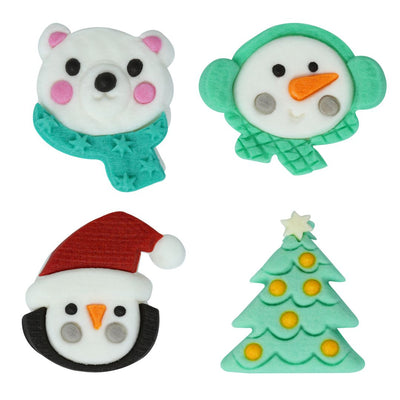 Set of four Christmas-themed decorations including a polar bear, snowman, penguin, and Christmas tree on a white background.