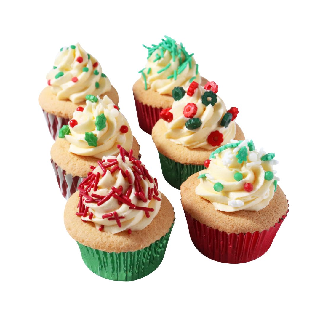 Decorative cupcakes with colorful frosting and sprinkles on a white background
