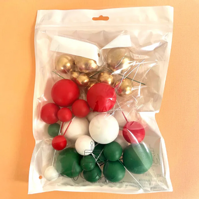 Red Green white & gold foam ball deco toppers 32 pieces