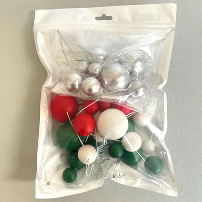 Red Green white & silver foam ball deco toppers 32 pieces