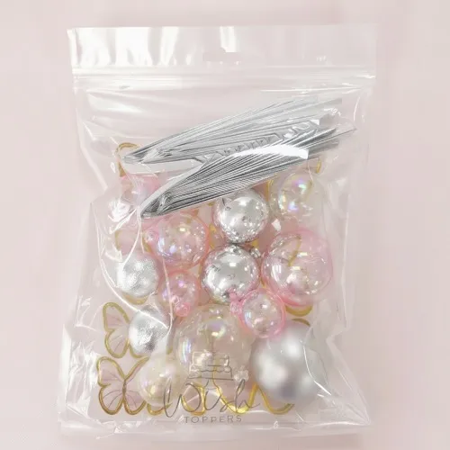 Clear silver and pink balls with butterflies and fan decoration set