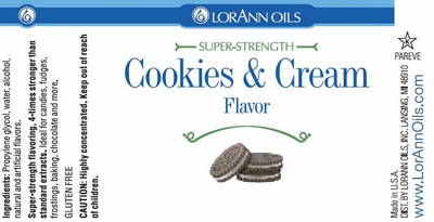 LorAnn Oils Cookies & Cream flavor label with branding and product details.