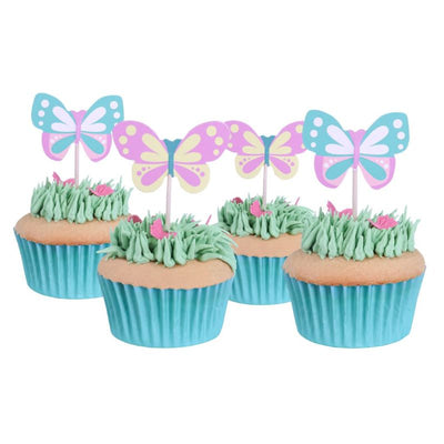 Frosted cupcakes decorated with Butterfly pastel cupcake topper picks