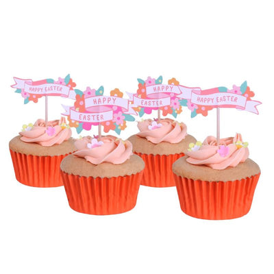 Frosted cupcakes decorated with Happy Easter floral cupcake topper picks
