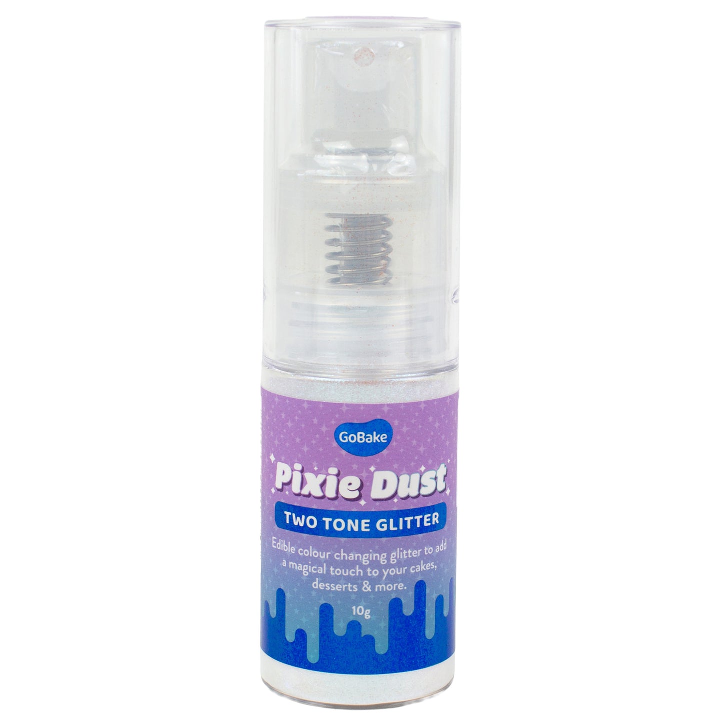 Bottle of Pixie Dust Two Tone Glitter with purple and blue label on a white background