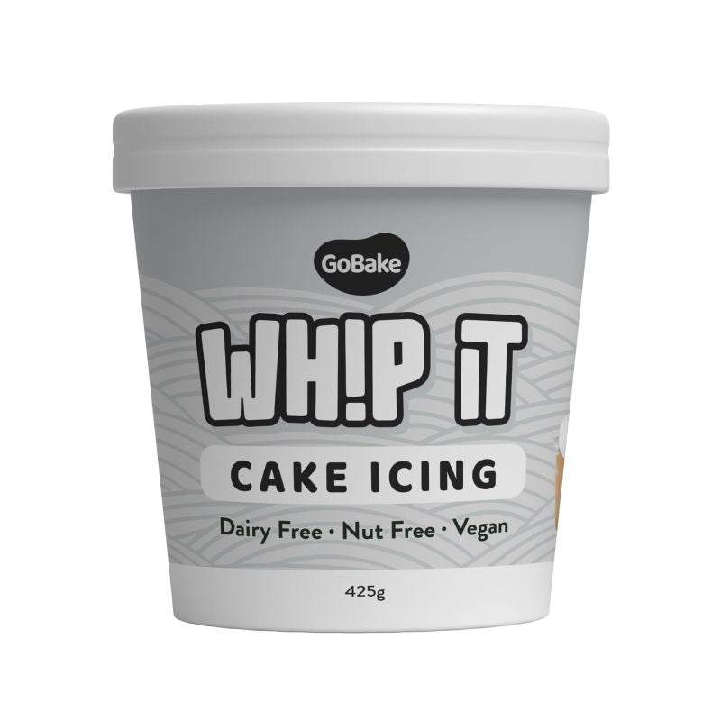 Container of GoBake WH!P IT Super White Cake Icing on a white background