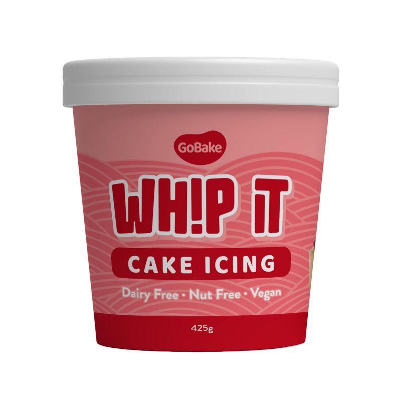 Container of GoBake Whip It Bright Red Cake Icing on a white background