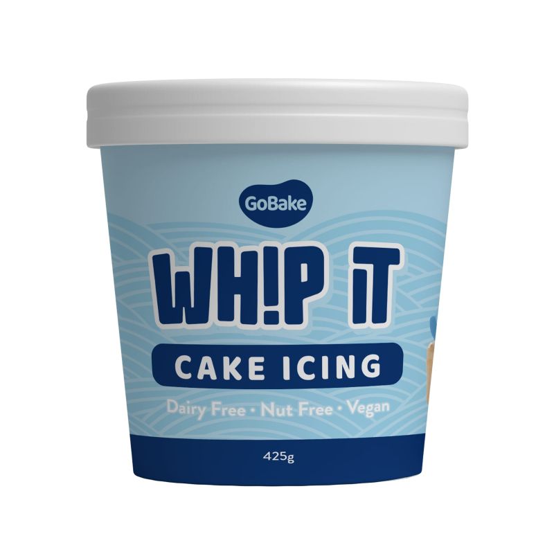 Container of GoBake Whip It Pastel Blue Cake Icing on a white background