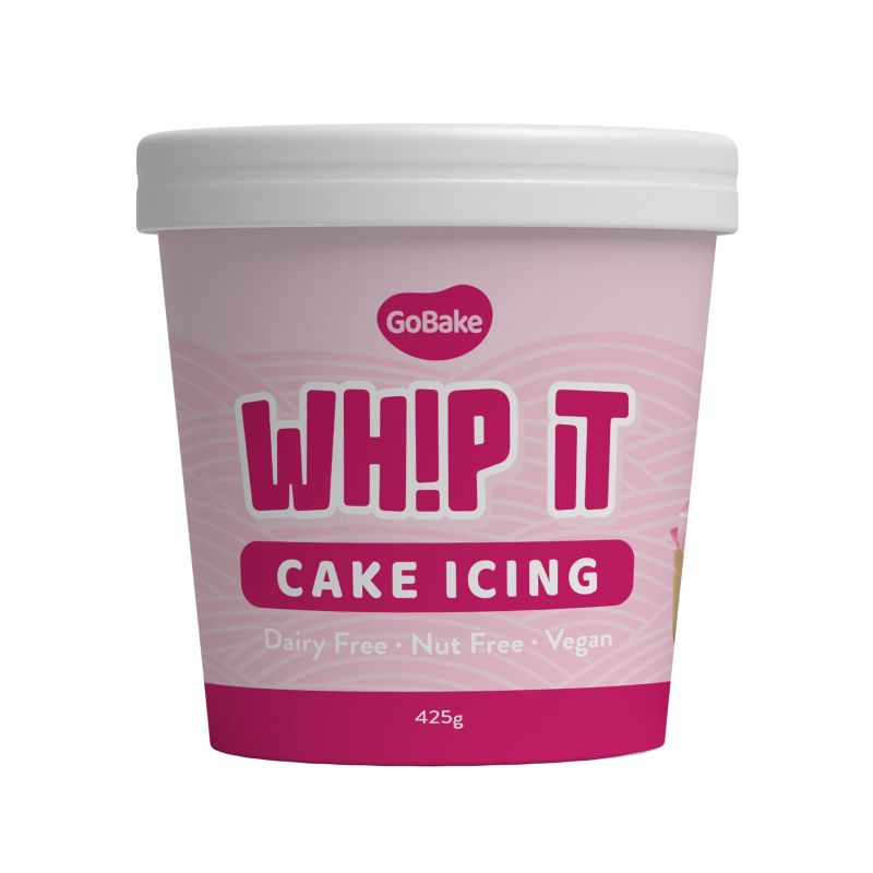 Container of GoBake Whip It Pastel Pink Cake Icing on a white background