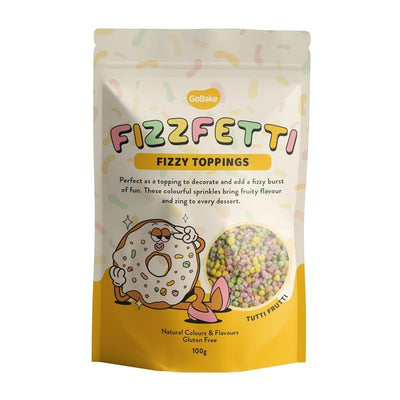 Package of Fizzfetti fizzy toppings with colorful design and cartoon donut character.