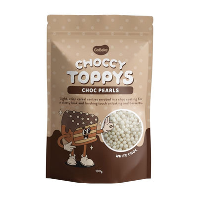 Packaging of Choccy Toppys White Choc Pearls with cartoon character and product image.