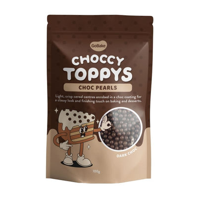 Packaging of Choccy Toppys Choc Pearls with cartoon character and chocolate pearls illustration.