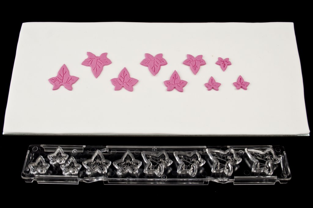 Ivy leaf clickstix fondant icing cutter. Alongside icing examples made using it