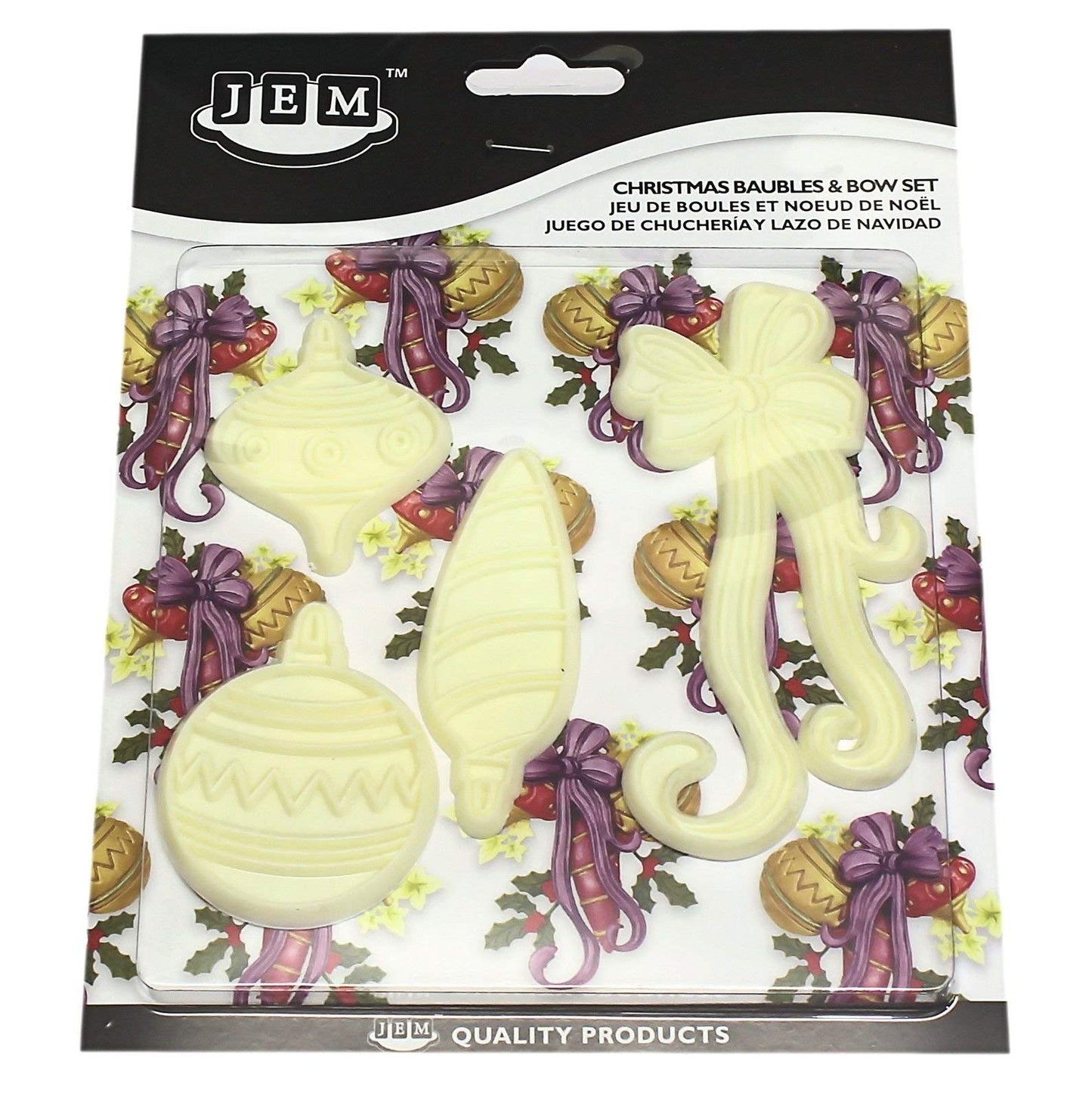 JEM Christmas baubles and bow set in a clear plastic blister pack with a black header card. The set includes pale cream-colored cutters: 3 Christmas ornaments and a tied a bow, a leaf, with a printed holiday-themed patterned backing card.