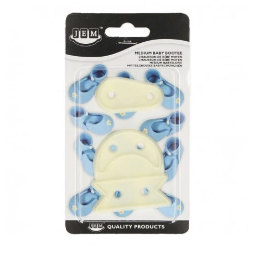 JEM Medium Baby Bootee icing cutters in its original retail packaging, on a clear blister pack with a black header.