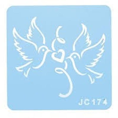 A blue stencil with code jc174 with two lovebirds or doves facing each other with a ribbon and heart motif