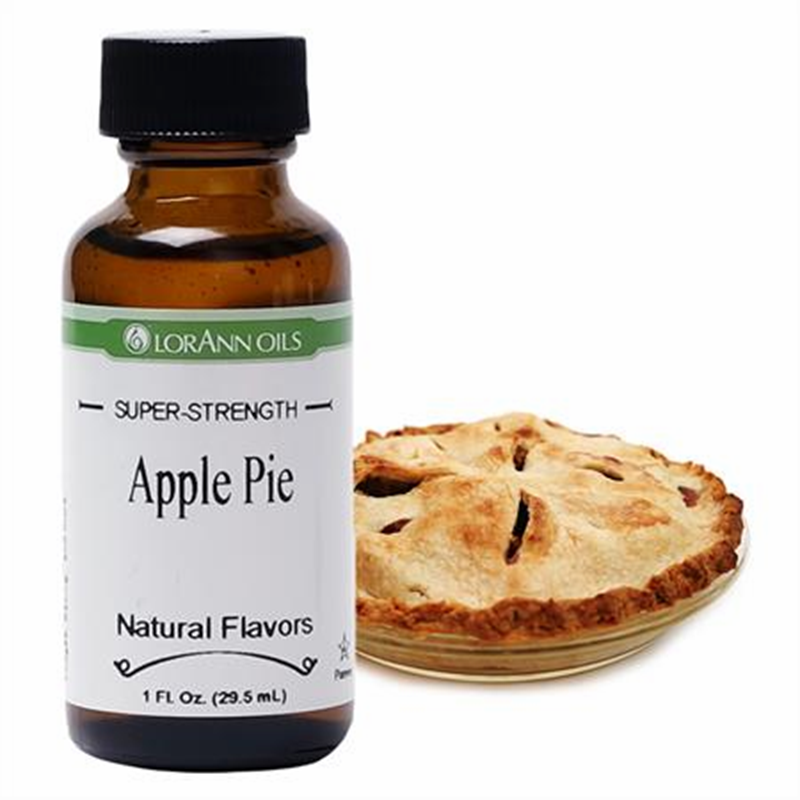 Bottle of LorAnn Oils Apple Pie flavor with a pie on a white background