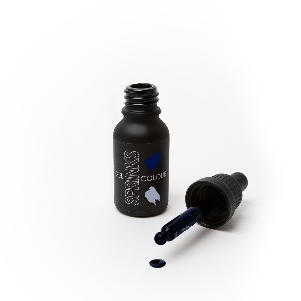 Black bottle of Sprinks gel color with dropper on a white background