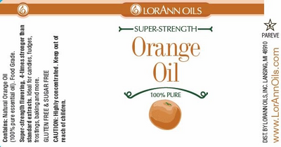 LorAnn Oils Super-Strength Orange Oil label with an orange illustration on a white background.