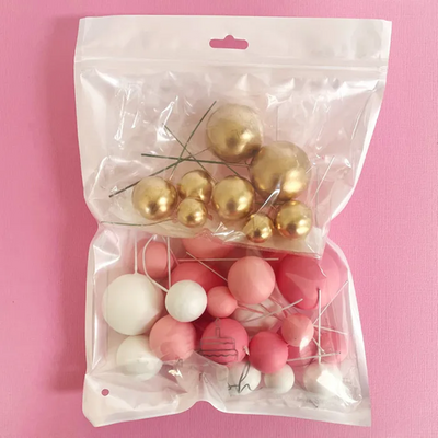 Pink white & gold foam ball deco toppers 32 pieces