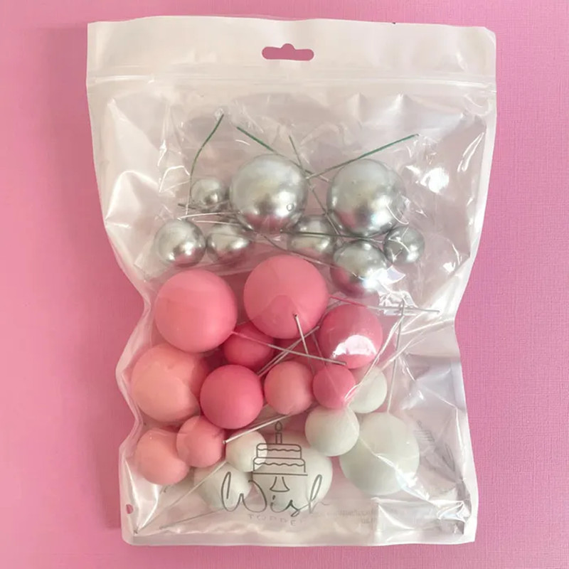 Pink white & silver foam ball deco toppers 32 pieces