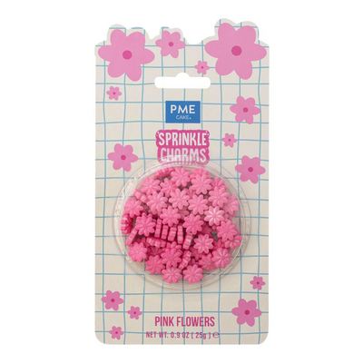 Packaged pink flower sprinkles with PME branding on a white background