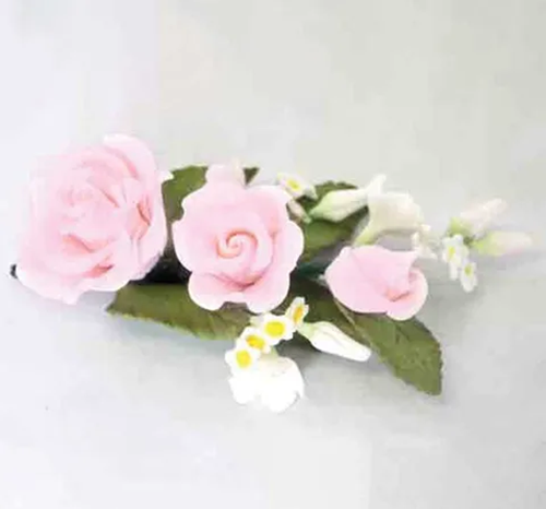 Pink Roses Icing floral spray with blossoms & leaves