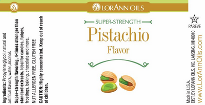 LorAnn Oils Super-Strength Pistachio Flavor label with pistachio illustrations and branding.