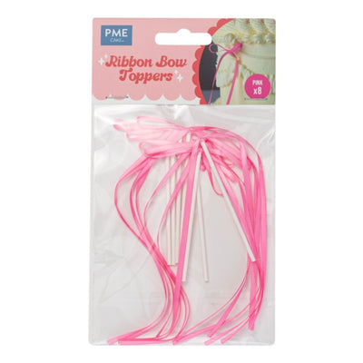 Packaged pink ribbon bow toppers with PME logo on a white background