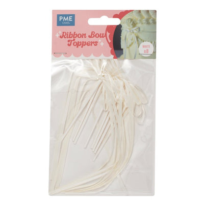 Packaged White ribbon bow toppers with PME label on a white background