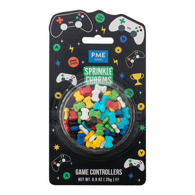 Packaged game controller-themed sprinkles with PME logo on a white background