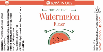 LorAnn Oils Super-Strength Watermelon Flavor label with watermelon illustration and branding.