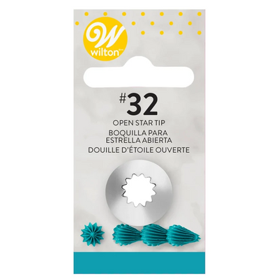 Wilton #32 Open Star Tip icing nozzle in its original retail packaging, featuring a silver metal star tip and three teal star-shaped nozzles on a white and gray card.