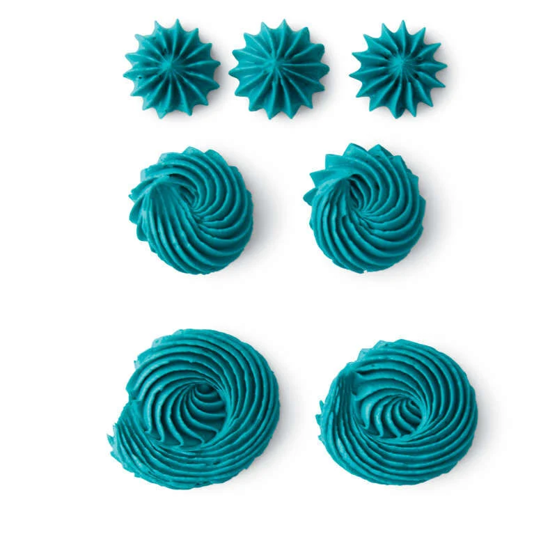 Six teal frosting-style tips or decorative swirls arranged in a grid on a plain white background.