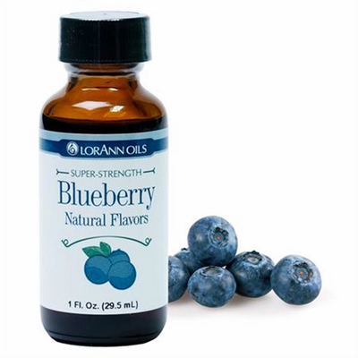 Bottle of LorAnn Oils Super-Strength Blueberry Natural Flavors with blueberries on a white background