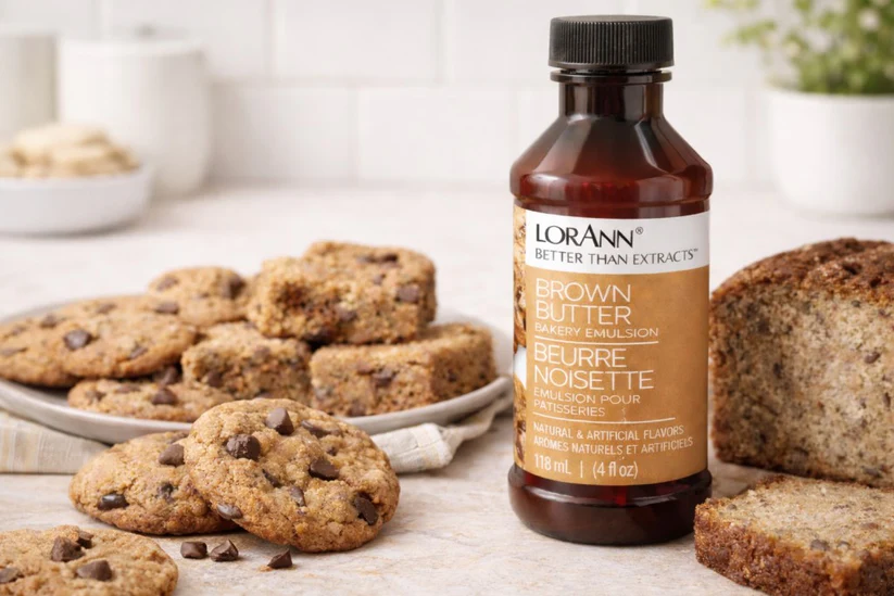 Lorann Brown Butter extract bottle with cookies and loaf on a wooden surface