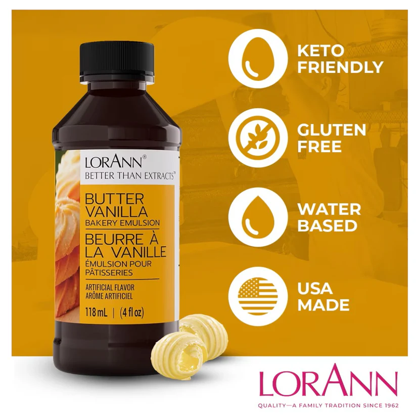 LorAnn Butter Vanilla Bakery Emulsion bottle with product features on a yellow background