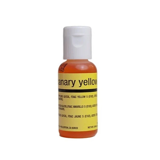 A small bottle of airbrush colour containing bright orange-yellow pigment, with a white cap and a yellow label that reads 'Canary yellow'.