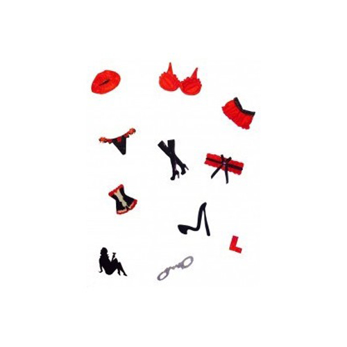 A set of red and black lingerie-themed fondant decorations including a lip print, bra, panties, garter belt, stockings, high heel, and a small silhouette of a woman, arranged on a plain white background.