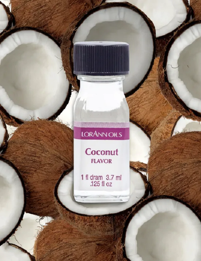 Lorann Oils flavouring 1 dram Coconut overlaid on a coconut shell graphic