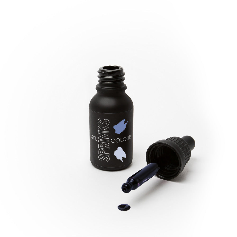 Black bottle of Sprinks gel color with dropper on a white background