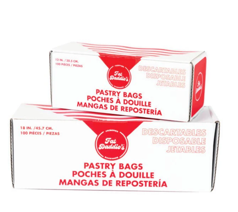 Box of disposable pastry bags with red and white design on a white background