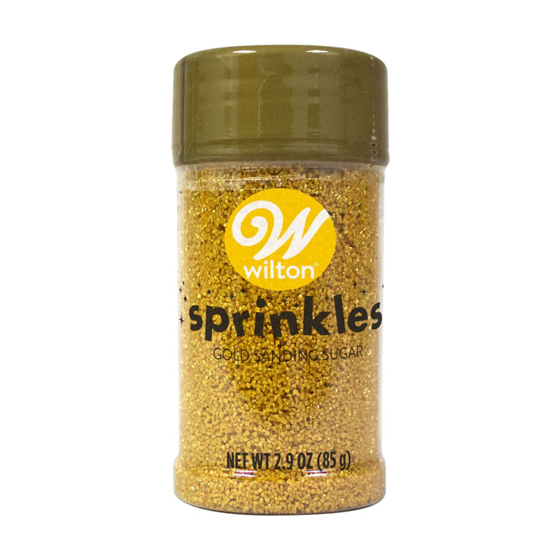 Jar of gold sanding sugar with Wilton logo on a white background
